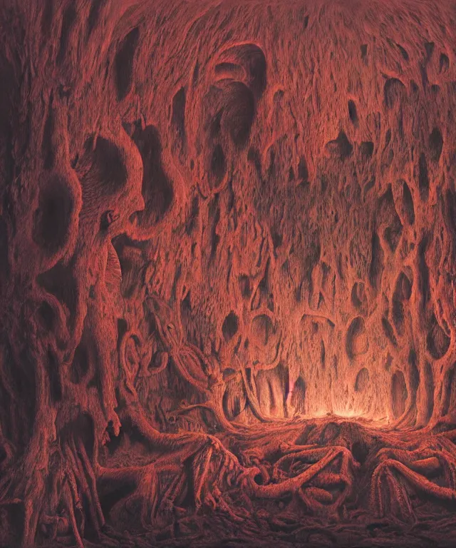 Image similar to a surreal, hellish, and maddening cave made of flesh going infinitely into the background in the style of zdzisław beksinski in the style of h. r. giger trending on artstation deviantart pinterest furaffinity detailed realistic hd 8 k high resolution