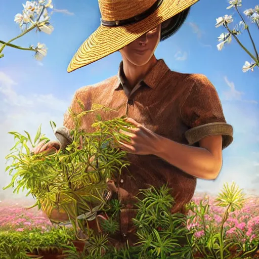 Image similar to slightly rusty nonhuman robot gardener in a straw hat, waters flowers, highly detailed, texture, background greenhouse, mild dreamy professional lighting, digital art, smooth, sharp focus, illustration, wide angle shot, full body visible, art by artgerm, by rutkowsky, from Treasure Planet,