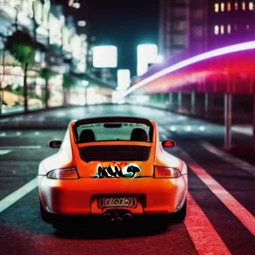 Image similar to photo of a porsche 9 1 1 at night drifting through a city, cinematic, 4 k, long exposure photography, tokyo drift, fast and furious, film still, night photography, motion blur, lens flare, movie shot, light trail, distortion, wide angle, reflections