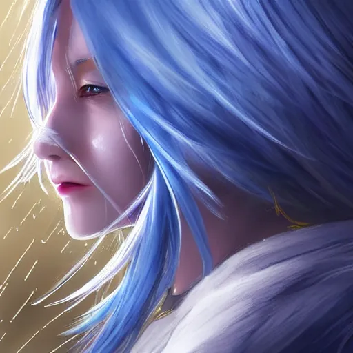 Image similar to side profile of rimuru tempest looking down with sky blue hair, long hair, gold eyes, high collar, 3 5 mm, black jacket | shiny, highly detailed, rain, professional digital painting, concept art, award - winning photography, cinematic, wlop | art by pixiv art, yoshitaka amano, deviantart