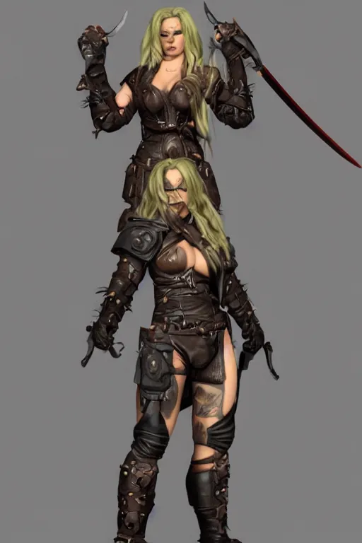 Image similar to gender : female, race : orc, job : bounty hunter, weapon : katana, clothes : leather armor, accessories : goggles, body type : strong hair style : wavy, concept art, trending on artstation 3 d.