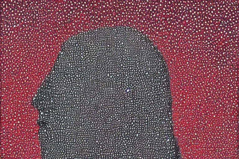 Image similar to face made out of mist, faceless people dark, dots, drip, stipple, pointillism, technical, abstract, minimal, style of francis bacon, asymmetry, pulled apart, cloak, hooded figure, made of dots, abstract, balaclava, red dots