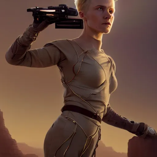 Prompt: science fiction, awkward flustered brilliant stoic heroic blonde butch injured tomboy woman engineer with very short slicked - back blonde hair, ripped flight suit, on the set of john carter, smooth, extremely detailed, cinematic lighting, illustration, digital art, crepuscular ray, trending on artstation, art by greg rutkowski, golden ratio