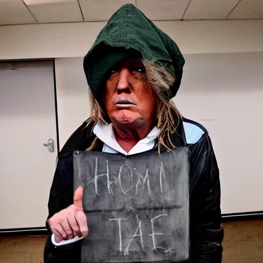 Image similar to donald trump dressed as a homeless man living in the slums