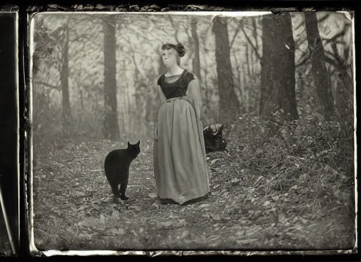 Prompt: sinister black and white old photography of a angry woman with a cat in the woods. daguerreotype photo