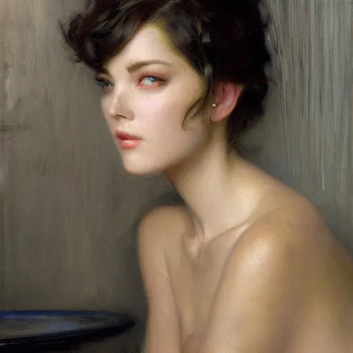 Prompt: a high fashion dior studio stunning backlit portrait of frowning anime girl, painting by gaston bussiere, craig mullins, j. c. leyendecker