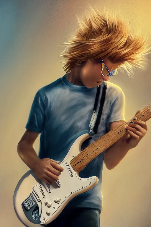 Image similar to blonde wild hair boy playing fender stratocaster, eye - patch, close - up portrait, plain white tshirt, powerfull, intricate, elegant, volumetric lighting, scenery, digital painting, highly detailed, artstation, sharp focus, illustration, concept art, steve mccurry