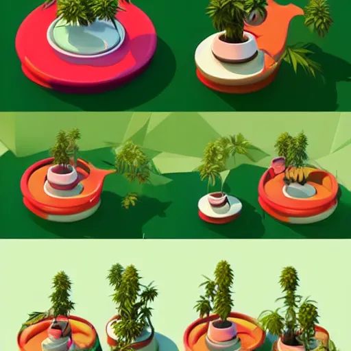 Prompt: isometric cute cartoon of utopia weed cafe decorated a few cannabis leaf pots. by benoit mandelbrot, render pixar palette, low poly digital art artstation artgerm