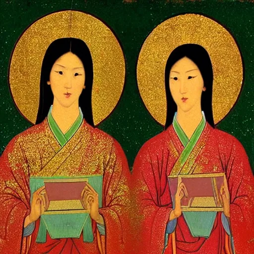 Image similar to portrait of 2 asian looking girls in iconography style andrei rublev glitter chinese ornament background