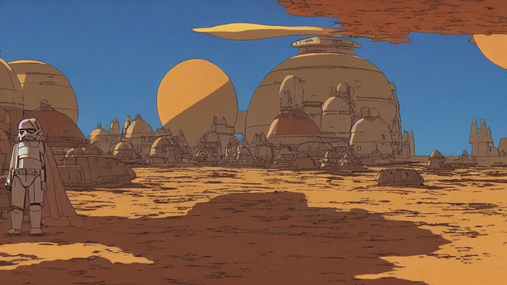 Prompt: wide shot tatooine landscape Star Wars a new hope 1977 studio ghibli Miyazaki animation highly detailed 70mm