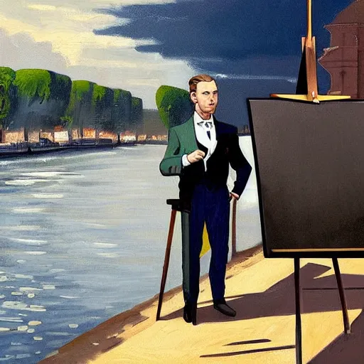 Prompt: mcgregor is dressed as a gentleman at early 2 0 th century paris. he is watching an easel. that easel has a canvas on it. ewan mcgregor has a brush on his hand. he is painting a painting. realistic painting with strong outlines. background has river seine, morning sun, dark clouds, by studio ghibli