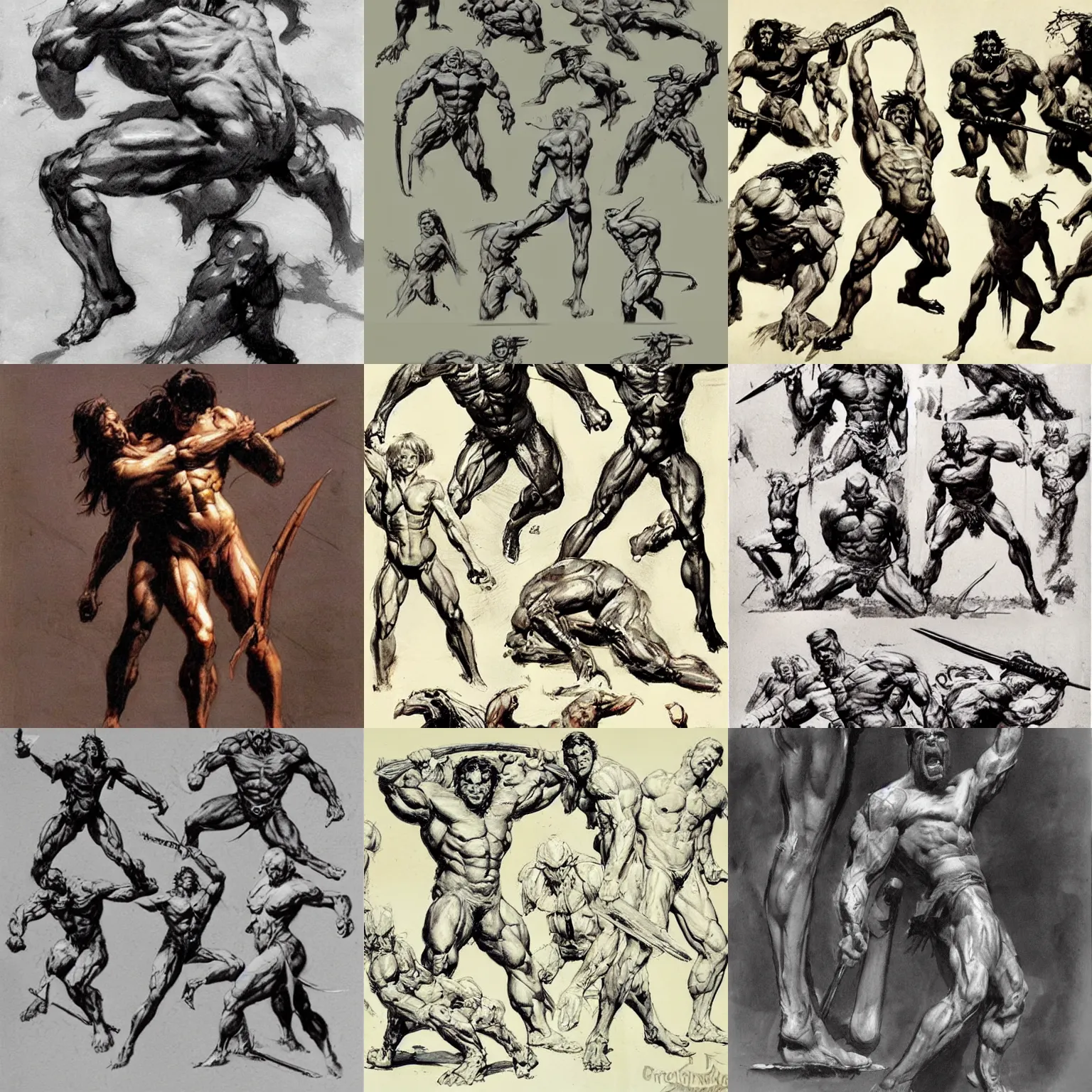 Prompt: barbarian anatomy study in dynamic poses by frank frazetta