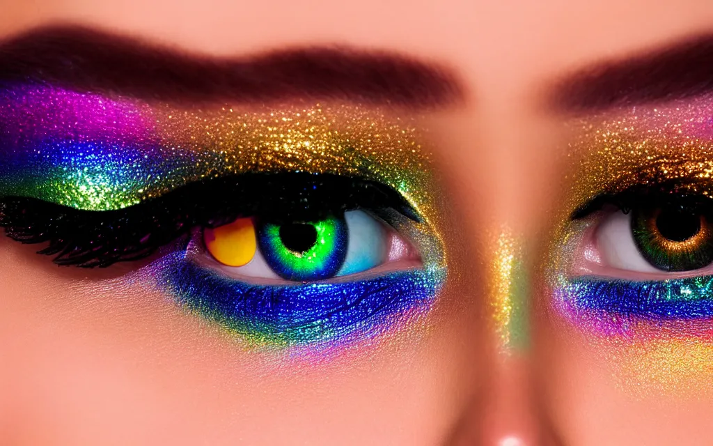 Image similar to closeup goldenhour photo of a pair of beautiful blue eyes of a woman with rainbow eyeshadow and ornate gold eyelashes, with rainbow light caustics