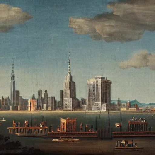 Prompt: 18th century painting of the New York City skyline