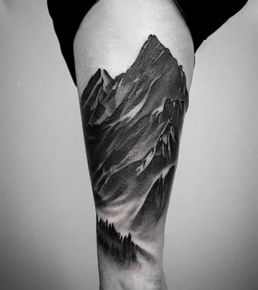 Image similar to tattoo design sketch of an extremely beautiful woman with a background of beautiful mountains on her side, hyper - realistic, double exposure effect, in the style of den yakovlev, amazing detail, black and white, faded