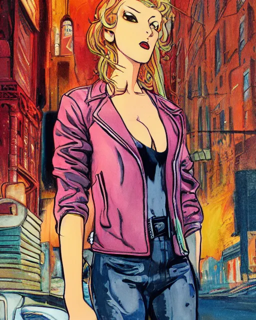 Image similar to young female protagonist in leather jacket, city street, artwork by ralph bakshi