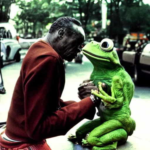 Image similar to miles davis petting pepe the frog, photography