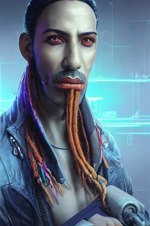 Prompt: portrait of a egyptian cyberpunk guy with snake dreads, by artgerm, tom bagshaw, gerald brom, 4 k, smooth, hd, substance designer render, full body character concept art, cel shading, toon shading, vaporwave colors,