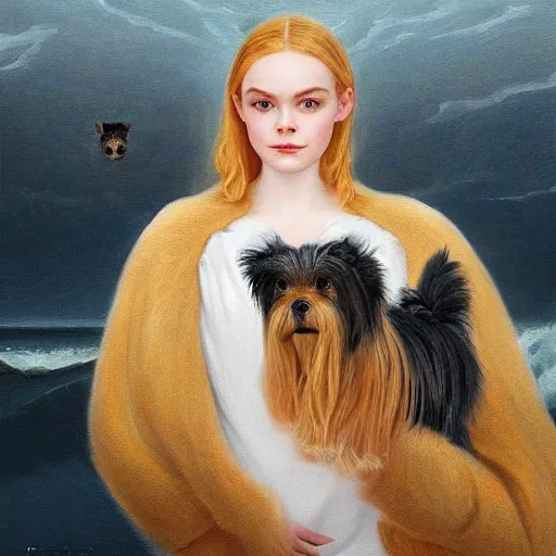 Prompt: Elle Fanning at sea holding a Yorkshire Terrier in the style of Lady with an Ermine, head and shoulders portrait, stormy weather, extremely detailed masterpiece, oil on canvas, low-key neon lighting, artstation, Blade Runner 2049, Roger Deakin’s cinematography, by J. C. Leyendecker and Peter Paul Rubens and Edward Hopper and Michael Sowa,