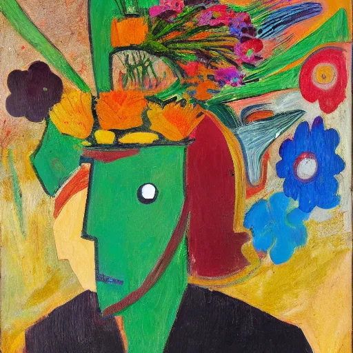 Image similar to man pouring water on head, flowers are in a pot on his head, the pot is part of his head, abstract expressionism, oil on canvas