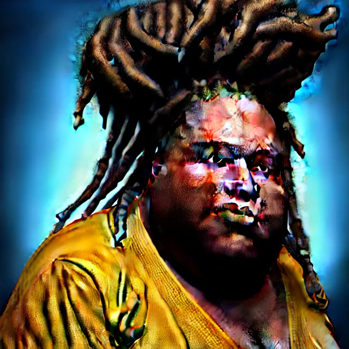 Image similar to hyperrealistic mixed media portrait of a moridly obese black man with dreads wearing a gi, doing martial arts, stunning 3d render inspired art by P. Craig Russell and Barry Windsor-Smith + perfect facial symmetry + dim volumetric lighting, 8k octane beautifully detailed render, post-processing, extremely hyperdetailed, epic composition, grim yet sparkling atmosphere, cinematic lighting + masterpiece, trending on artstation