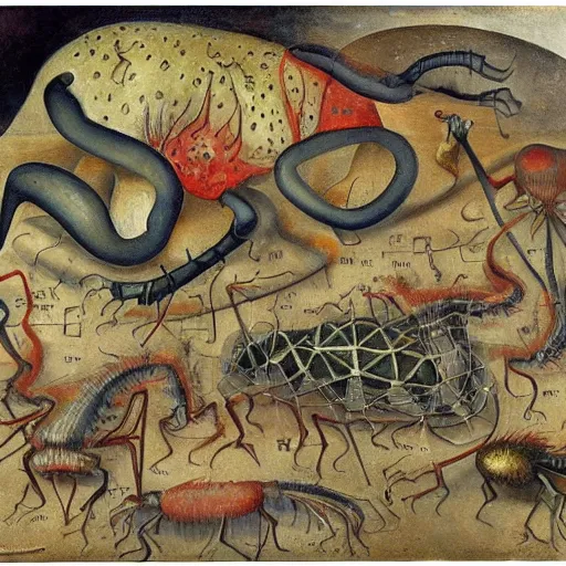 Image similar to mathematical equations painted by bosch, creatures crawling on equations, oil paint, hyperrealistic, surreal, collection of louvre