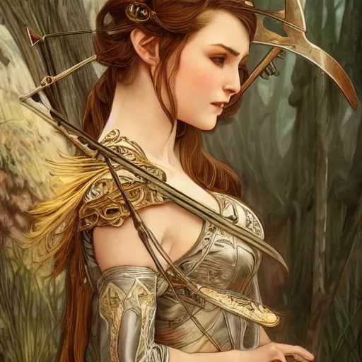 Image similar to a photograpic of elven archers, cute, fantasy, intricate, elegant, highly detailed, digital painting, artstation, long shot, photographic, half-body portrait, concept art, smooth, sharp focus, illustration, art by artgerm and H R Giger and alphonse mucha