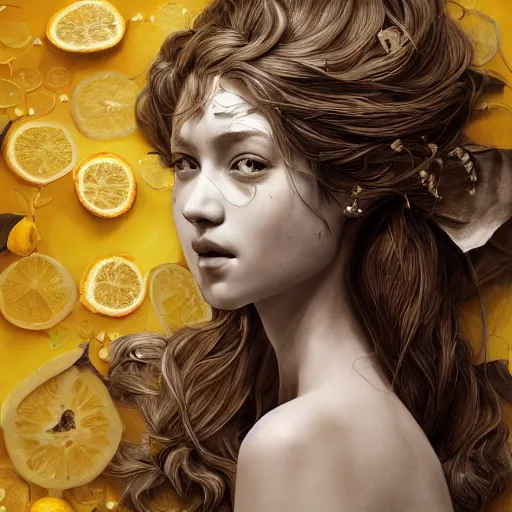 Image similar to the portrait of an absurdly beautiful, graceful, elegant, sophisticated, young girl made up of lemons, an ultrafine hyperdetailed illustration by kim jung gi, irakli nadar, intricate linework, bright colors, octopath traveler, final fantasy, unreal engine 5 highly rendered, global illumination, radiant light, detailed and intricate environment