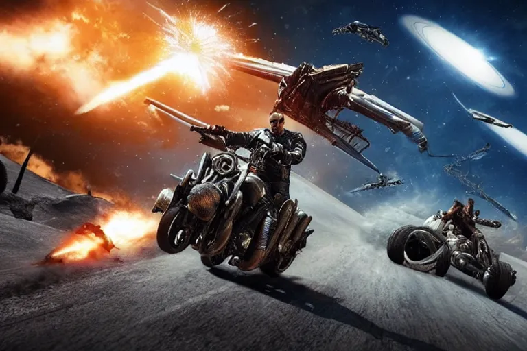 Image similar to mad max riding his interceptor in space, fighting mutants on space bikes, action - scene, very detailed, high octane