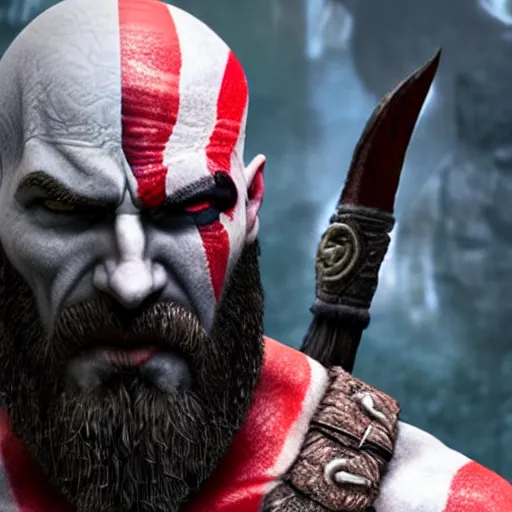 Image similar to kratos from god of war staring intently at a mobile phone