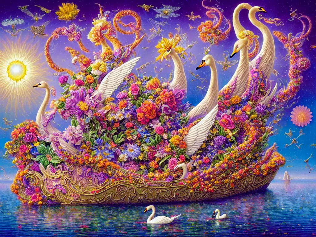 Prompt: intricate detailed flower covered Flying Swan Boat Lisa Frank, james gurney,dan luvisi,Petros Afshar,tim hildebrandt,liam wong,Mark Riddick,thomas kinkade,ernst haeckel,dan mumford,trending on artstation,josephine wall, WLOP ,cgsociety by Gediminas Pranckevicius, trending on cgsociety and DeviantArt