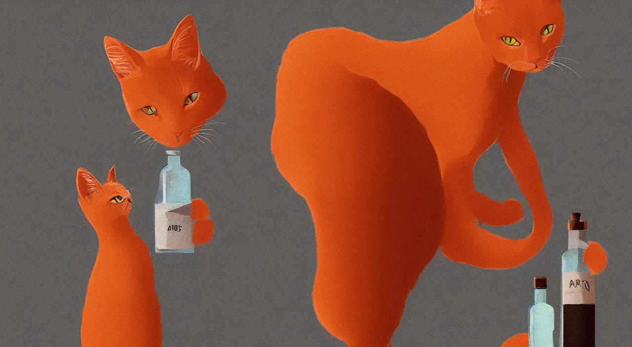 Image similar to a cat standing next to a bottle of medicine. orange cat. animal. digital art. artstation. illustration. wide image.