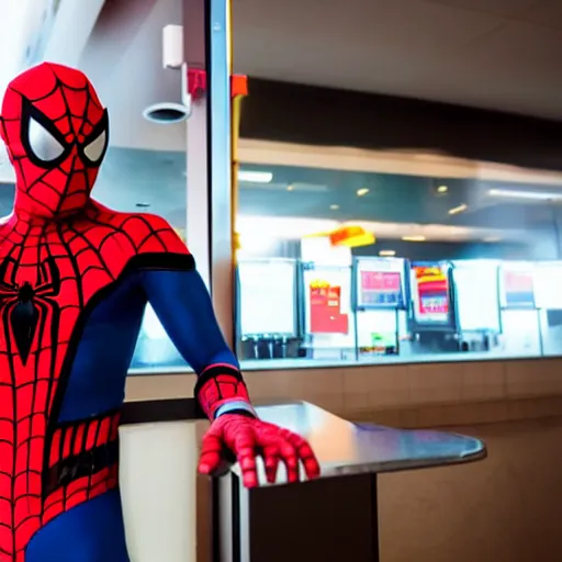 Prompt: spider man working in mcdonalds, movie still, dslr