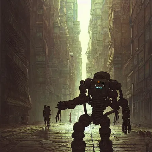 Image similar to mayan cyberpunk robot striding through streets of city, perfectly clear face, shadow of the colossus screenshot by j. c. leyendecker, simon stalenhag, studio ghibli, and beksinski