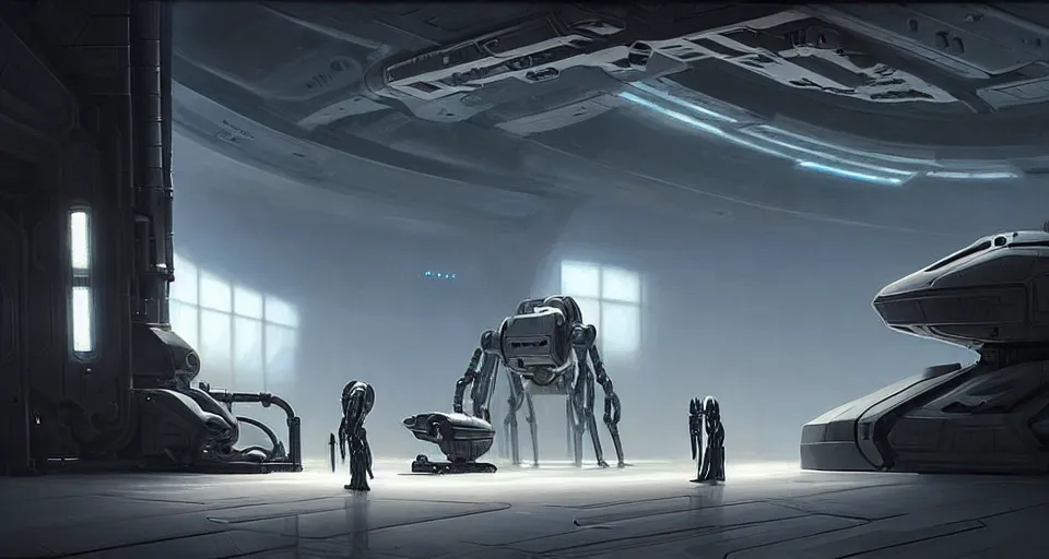 Image similar to hyper realistic sci - fi matte concept art painting of giant scopion - like robot in a starship hanger, starship in background, beautiful details, strong composition painted by kim jung guweta studio rutkowski, james gurney and greg rutkowski, and lucasfilm, smooth, intricate, detailed, sharp focus, cinematic