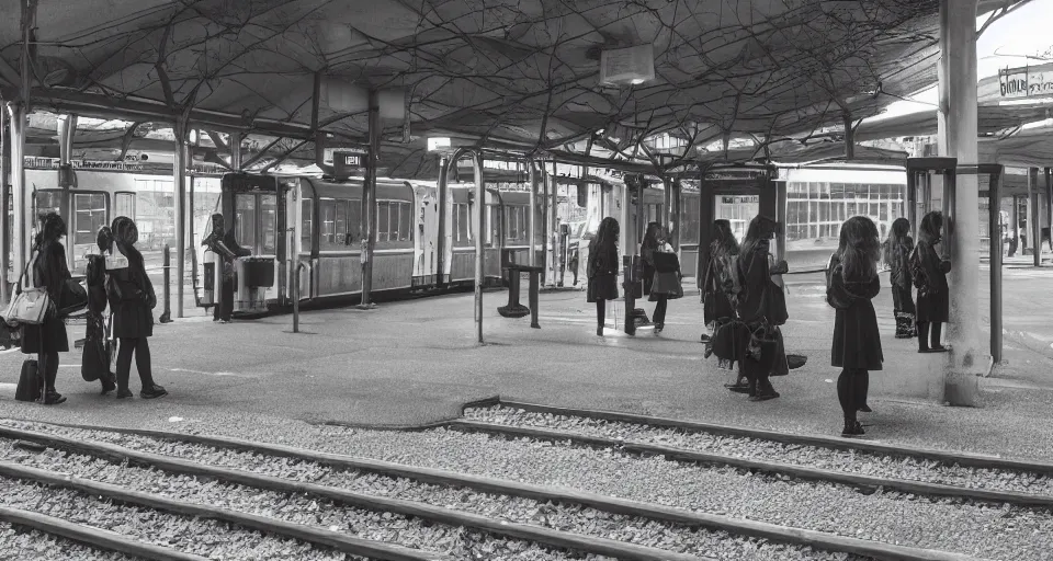 Image similar to School girls waiting on a urban train station, gloomy and misterious atmosphere