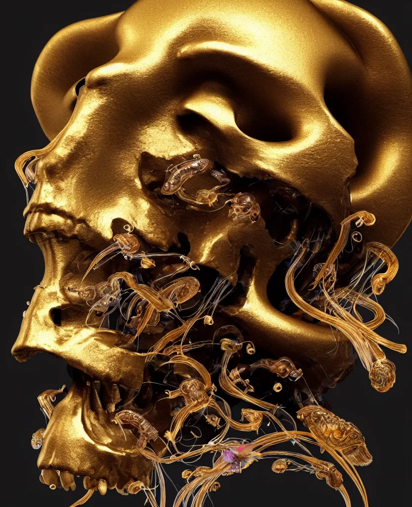 Image similar to black background. goddess princess face close-up portrait ram skull. sculpture made of gold and brilliants. jellyfish phoenix head, nautilus, orchid, skull, betta fish, bioluminiscent creatures, intricate artwork by Tooth Wu and wlop and beeple. octane render, trending on artstation, greg rutkowski very coherent symmetrical artwork. cinematic, hyper realism, high detail, octane render, 8k