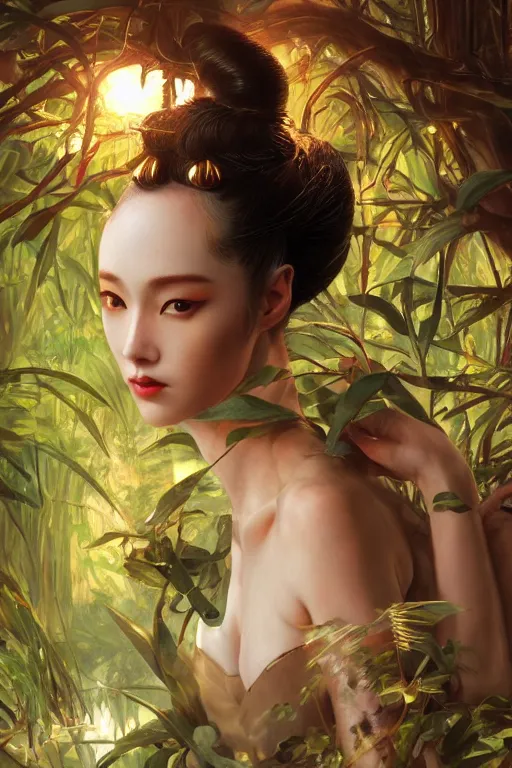 Prompt: stunningly beautiful, irish geisha prima ballerina in jungle, symmetrical face, golden hour, smooth, focus, highly detailed, hyper realistic, dramatic lighting, elegant, intricate, concept art, art by wlop, mars ravelo, greg rutowski, artstation