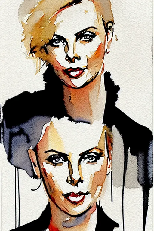 Image similar to charlize theron, watercolor portrait by David downton