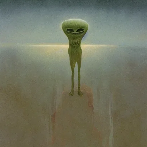Image similar to Painting in a style of Beksinski featuring a giant alien crying. Pain and suffering in the background
