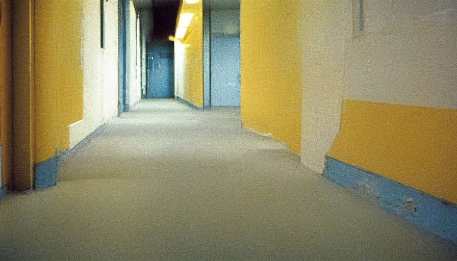 Prompt: 60s movie still of a sovietic stalinist style empty hospital corridor with light yellow tiles floor, cinestill 800t 50mm eastmancolor, liminal Space style, heavy grain-s 150