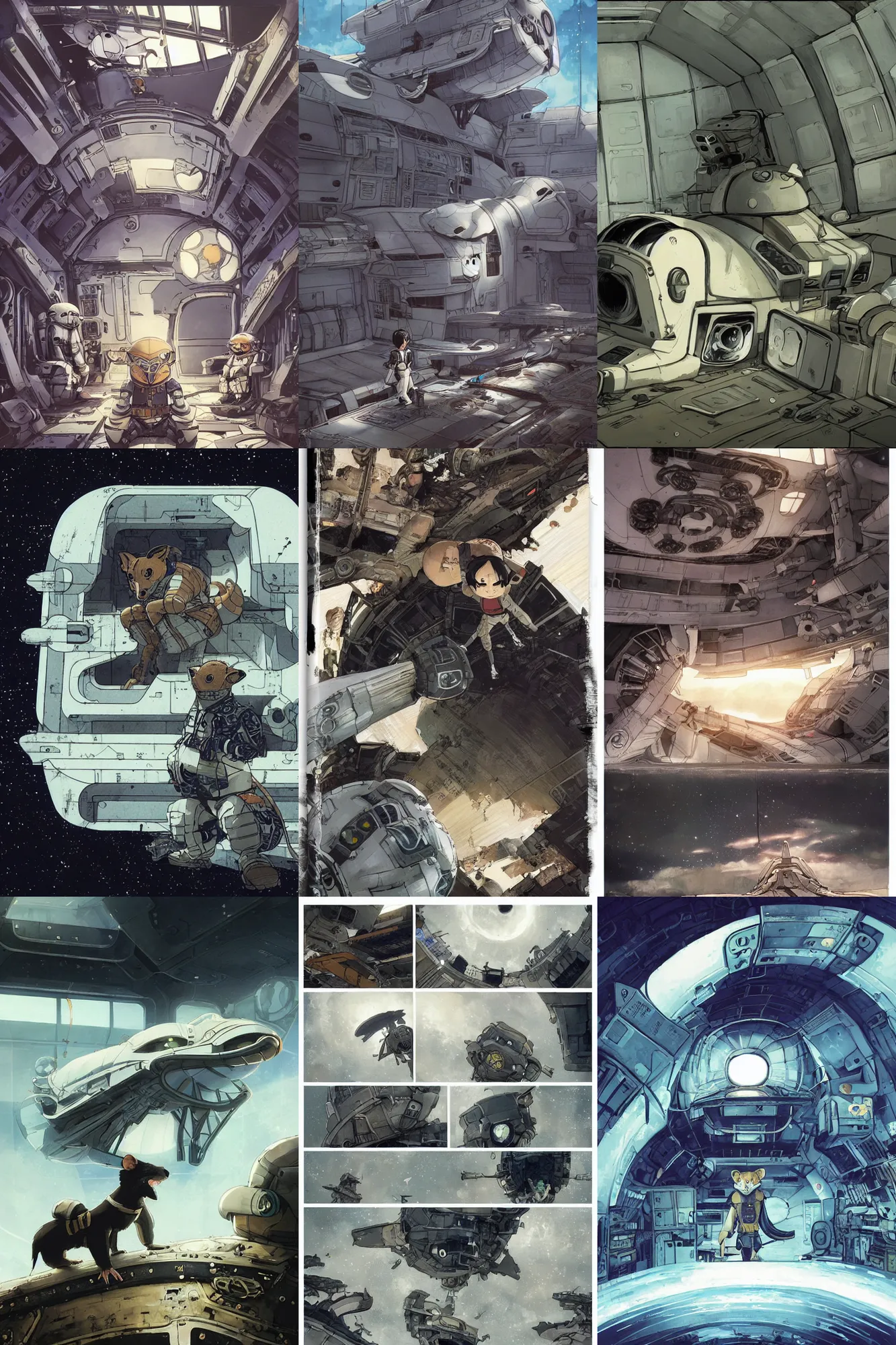 Prompt: rodent with white and black ancestral ornate japanese tactical gear on an abandoned spaceship, long shot, rule of thirds, golden ratio, graphic novel by fiona staples and dustin nguyen, by beaststars and orange, peter elson, alan bean, studio ghibli, makoto shinkai