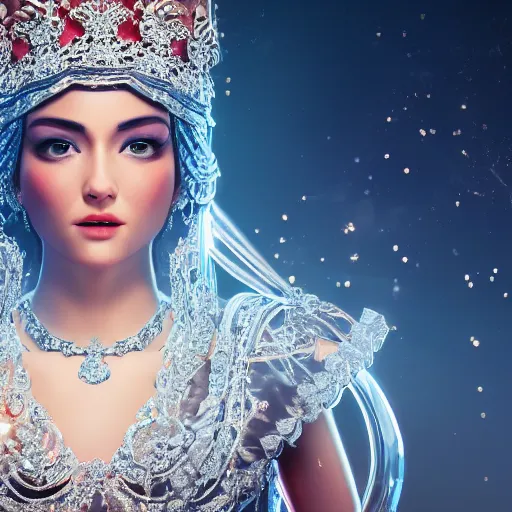 Image similar to portrait of wonderful princess of diamond with fair skin, ornate with diamonds, 8 k, gorgeous, intricate, detailed, glowing white accent lighting, dramatic lighting, octane render