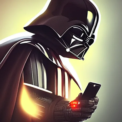 Image similar to darth vader checking his iphone, fantasy, sharp focus, digital art, hyper realistic, 4 k, unreal engine, highly detailed, hd, dramatic lighting by brom, trending on artstation