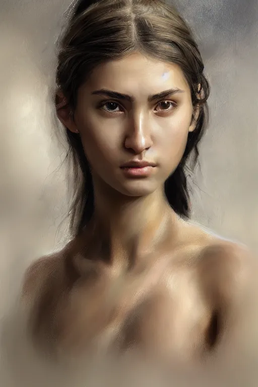 Image similar to a photorealistically painted portrait of an attractive young girl, partially clothed in military battle armor, with an abstractly painted background, flawless olive skin, fair complexion, long dark hair, beautiful bone structure, perfectly symmetric facial features, perfect photorealistic eyes, natural physique, intricate, elegant, digital painting, concept art, finely detailed, beautifully illustrated, sharp focus, minimal artifacts, volumetric lighting, from Halo, by Ruan Jia and Mandy Jurgens and Artgerm and William-Adolphe Bouguerea, in the style of Greg Rutkowski, trending on Artstation, award winning art