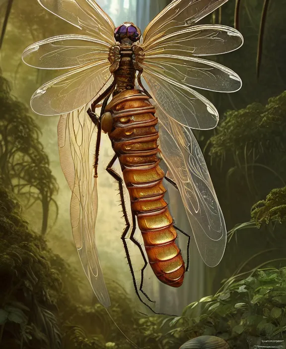 Image similar to intricate ornate opulent transparent clear see - through portrait of a horrific beautiful male human isopod nautilus dragonfly, adorable, childlike, overgrown biopunk jungle environment, ultra realistic, concept art, art nouveau, photorealistic, octane render, 8 k, unreal engine. art by christopher marley and artgerm and greg rutkowski and alphonse mucha