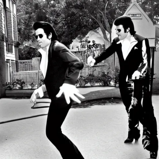 Image similar to Michael Jackson moonwalks in front of Elvis Presley