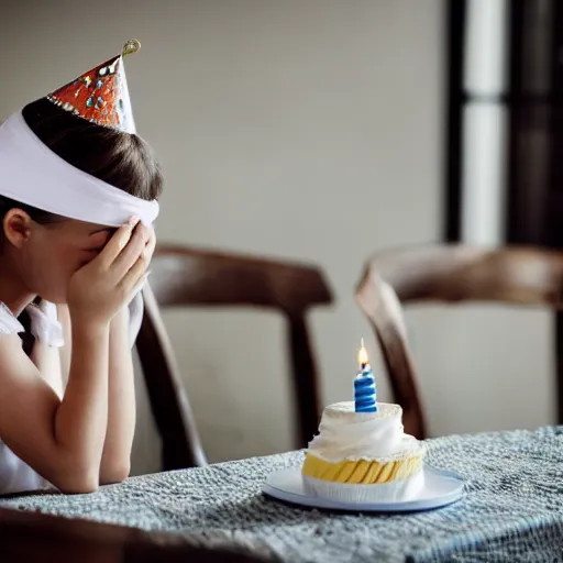 Image similar to a girl with a white headkerchief sitting alone on a birthday table looking sad