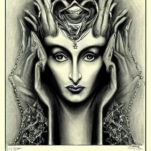 Image similar to Norma Desmond, pencil drawing. El Greco, Remedios Varo, Salvador Dali, Carl Gustav Carus, John Atkinson Grimshaw. Blue tint. Symetrical, logo, geometric shapes.