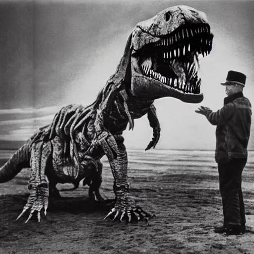 Image similar to a mummified t-rex corpse found in the artic with a man standing next to the t-rex corpse and waving at the camera, he is wearing a white full body suit, taken by a ww2 camera.